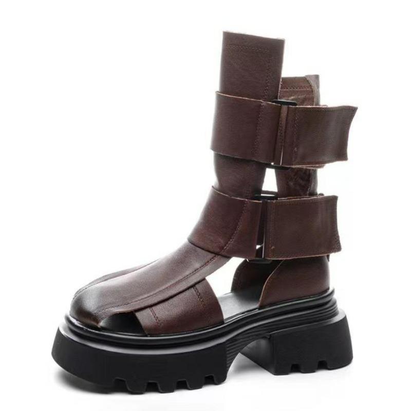 Fashion 6.5CM New Women Gladiator Sandals Summer Thick High Heel Platform Genuine Leather Hollow Roman Sandals Women Mid Calf Cool Boots