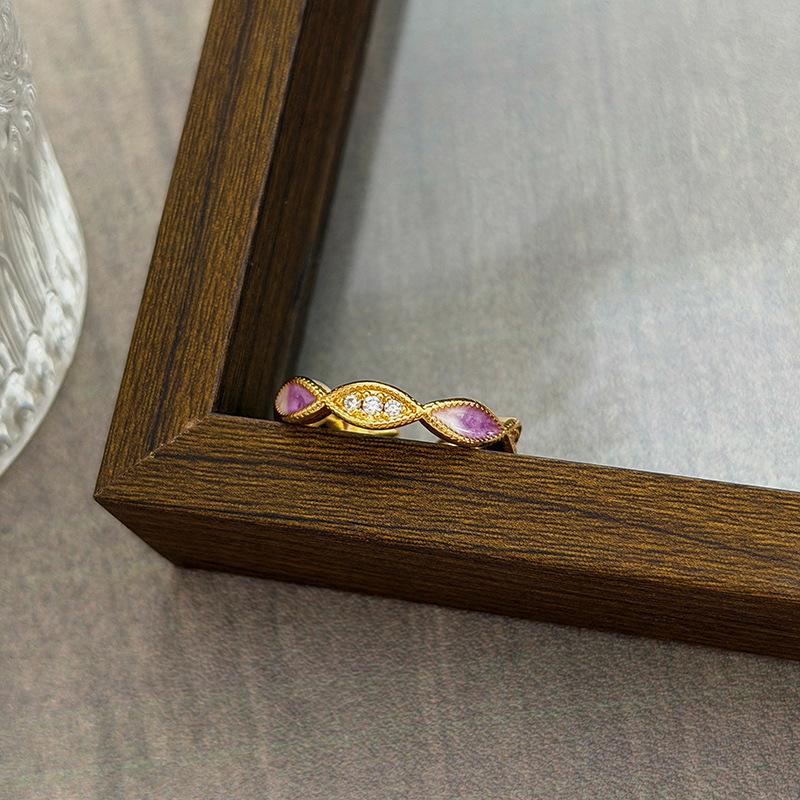 Medieval Vintage Court Style Light Luxury Retro Flower Auspicious Cloud Purple Enamel Open Ring Niche Stacked Wearing Woman