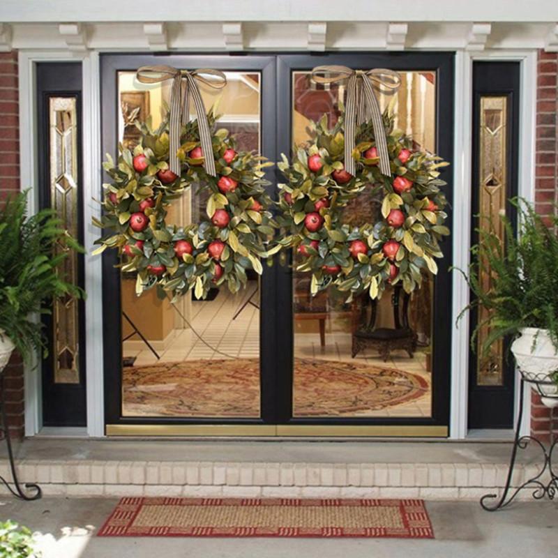 Artificial  Pomegranate  Wreath Bowknot Pomegranate And Leaf Thanksgiving Farmhouse Front Door Decor