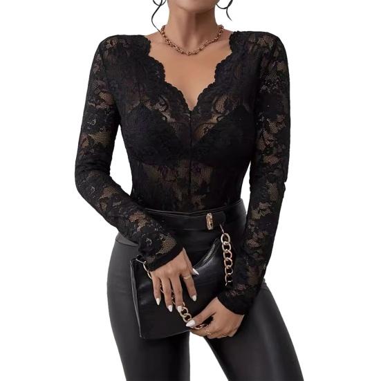 Women Tops V-Neck Long Sleeve See-through Lace Floral Design Pullover Tops Slim Fit Layering Versatile Tops