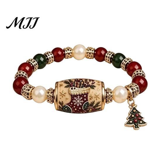 Stackable Charm Jewelry Christmas Beaded Stretch Bracelets, Faux Pearl Beads Fashion Holiday Accessory Santa Claus/Tree/Elk/Stocking Bracelet,