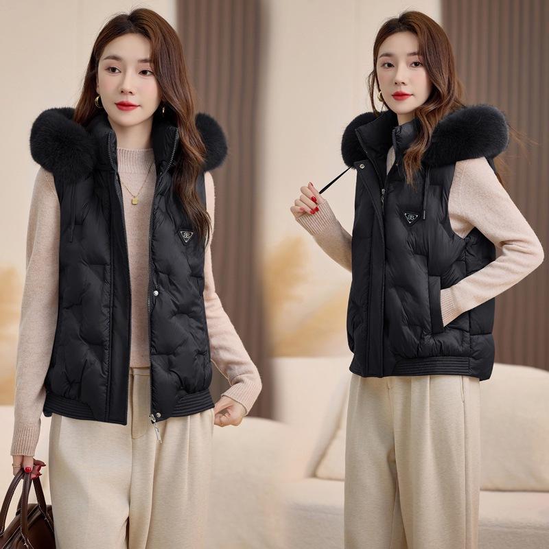 Hooded large fur collar cotton vest removable hat autumn and winter down cotton vest fashion thermal vest jacket batch
