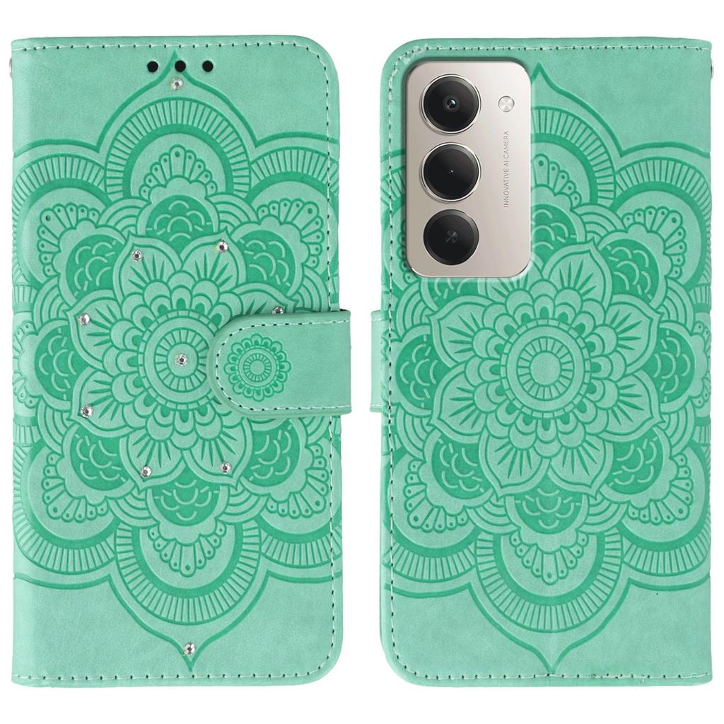 For Xiaomi Redmi 15 5G Case Rhinestone Decor PU Leather Mandala Imprinted Design Phone Cover with Wrist Strap