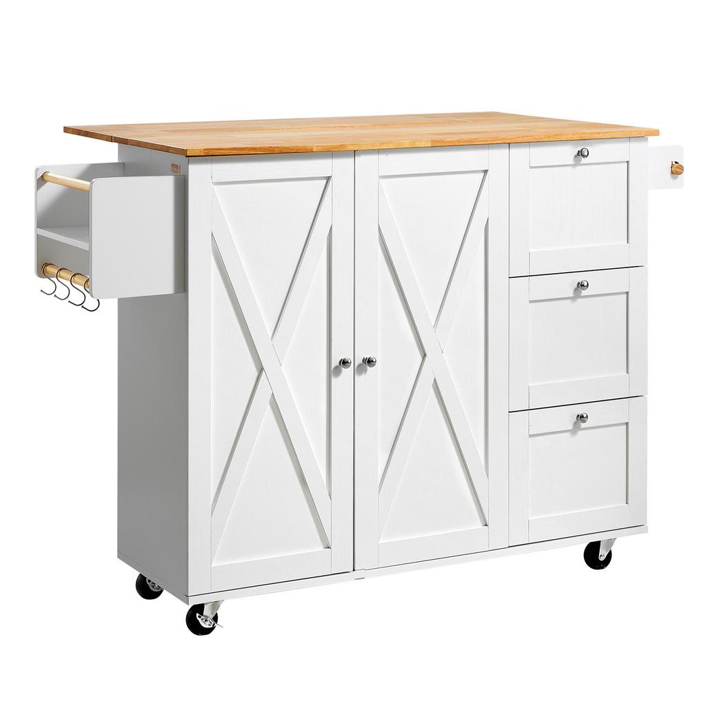 VEVOR Kitchen Island Cart with Solid Wood Top, 115 cm Width Mobile Carts with Storage Cabinet, Rolling Kitchen Table with Spice Rack, Towel Rack
