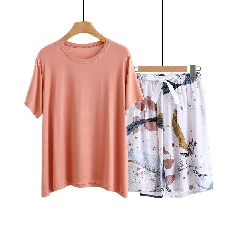 Summer Solid color Tshirts and Print shorts Simple Homewear O-Neck Loose Tshirts and Poplin short pants Casual sleepwear suits