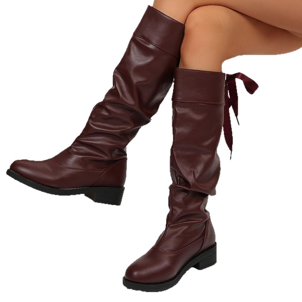 Foreign Trade Giant Legs Thin~ Square Head Pleated Knight Boots Women's 2025 Autumn and Winter Retro Thick Medium Heel Long Tube Boots