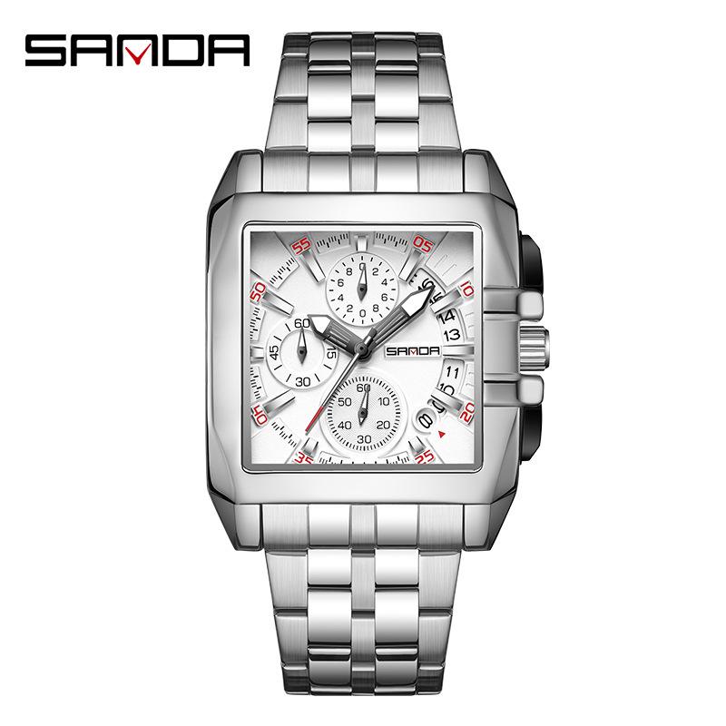 Sanda Men s Quartz Watch with Calendar, Luminous Steel Band, and Three-Eye Six-Needle Design - Trendy  Fashionable.