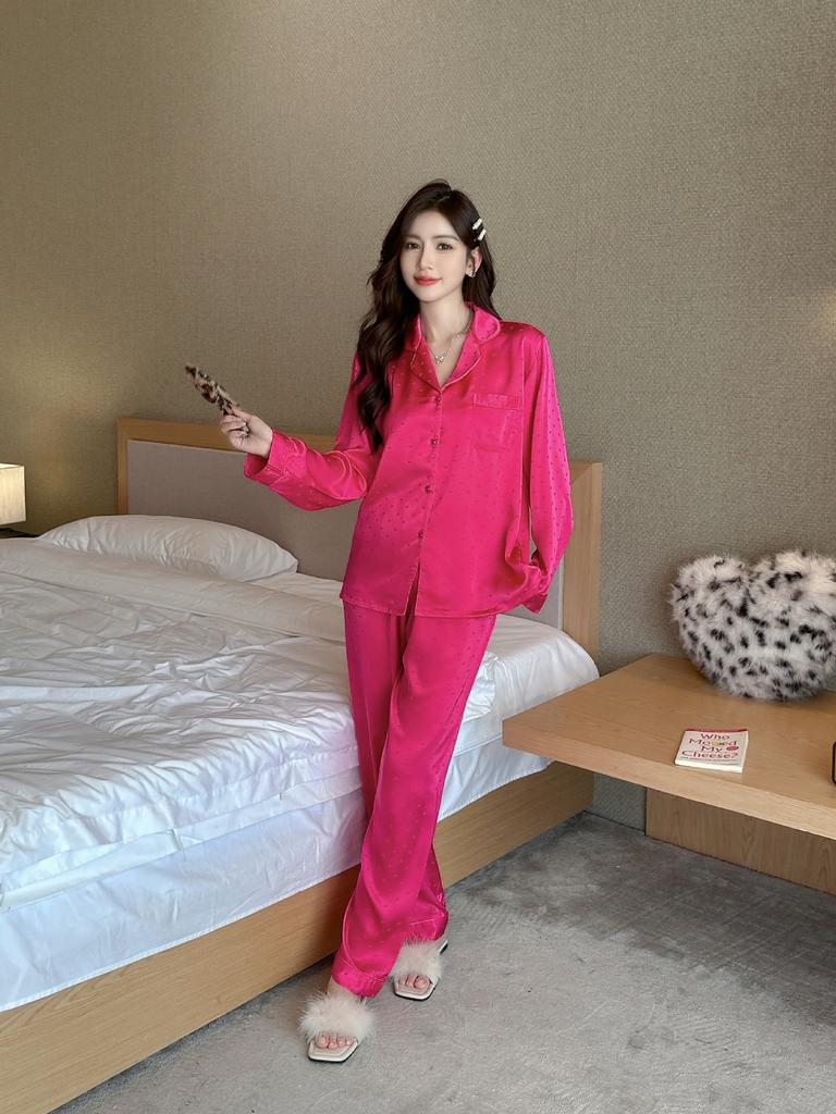 New ice silk pajamas women's spring and autumn simple large size love jacquard long-sleeved set loungewear