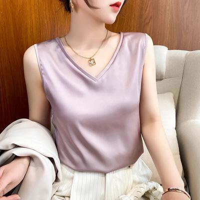 Camisolas Femininas de Cor Sólida com Decote em V, Soltas e Casuais para Primavera e Verão, Regatas de Cetim sem Mangas para Usar por Baixo