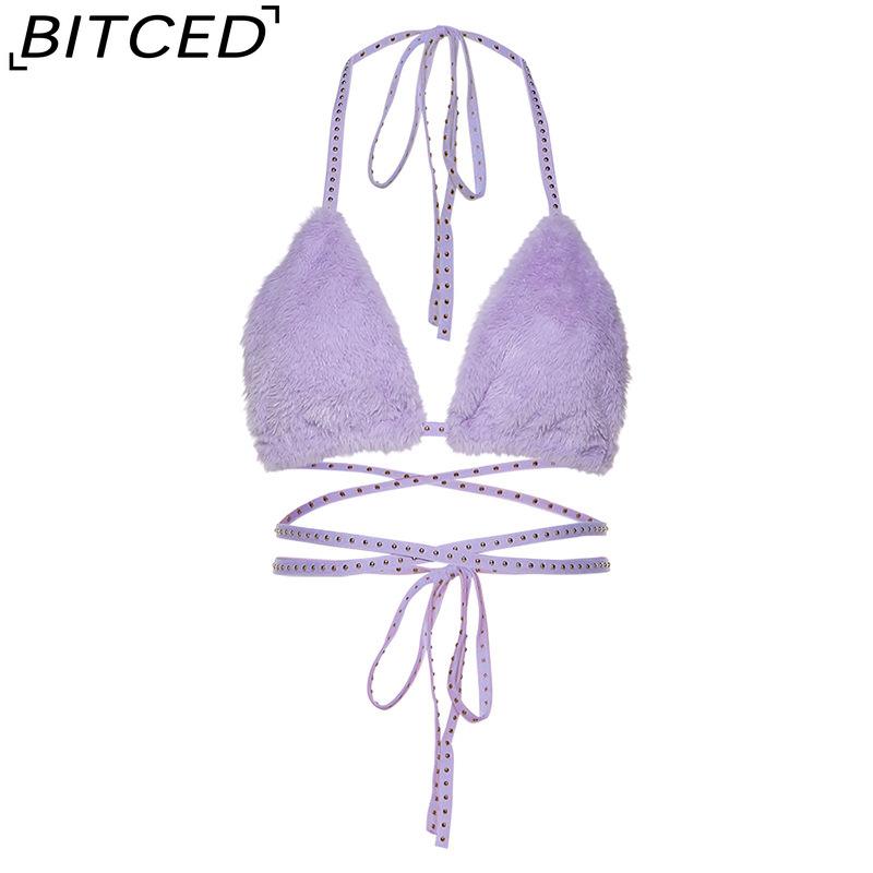 

BITCED Spring/Summer Women s Versatile Solid-Colour Fleece-Lined Halter Neck Tie-Front Sexy Bandeau Top M фіолетовий