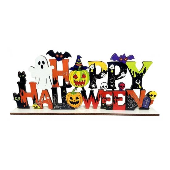 Fall Season Shelf Decor Happy Halloween Wooden Sign Ornaments with Pumpkin Ghost And Bat Elements for Decorative Party Props Tiered Tray Table Autumn