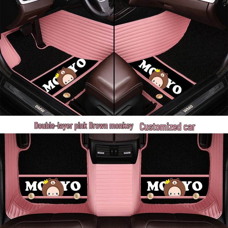 Custom Leather Car Floor Mats for Women - Cartoon Design, Double-Layer, Full Coverage