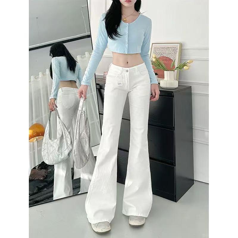 White Low-Waist Micro-Flare Wide-Leg Jeans for Women, Spring/Autumn Style, Versatile Floor-Length Trousers.