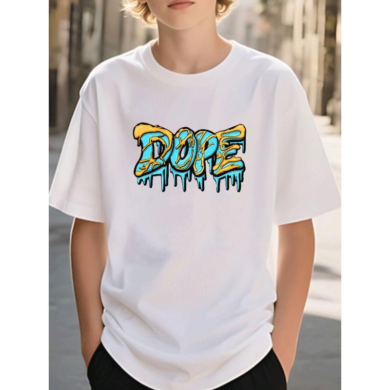 

European Size Boys Round-neck Short-sleeved T-shirt with Exquisite Graffiti Design 164cm білий