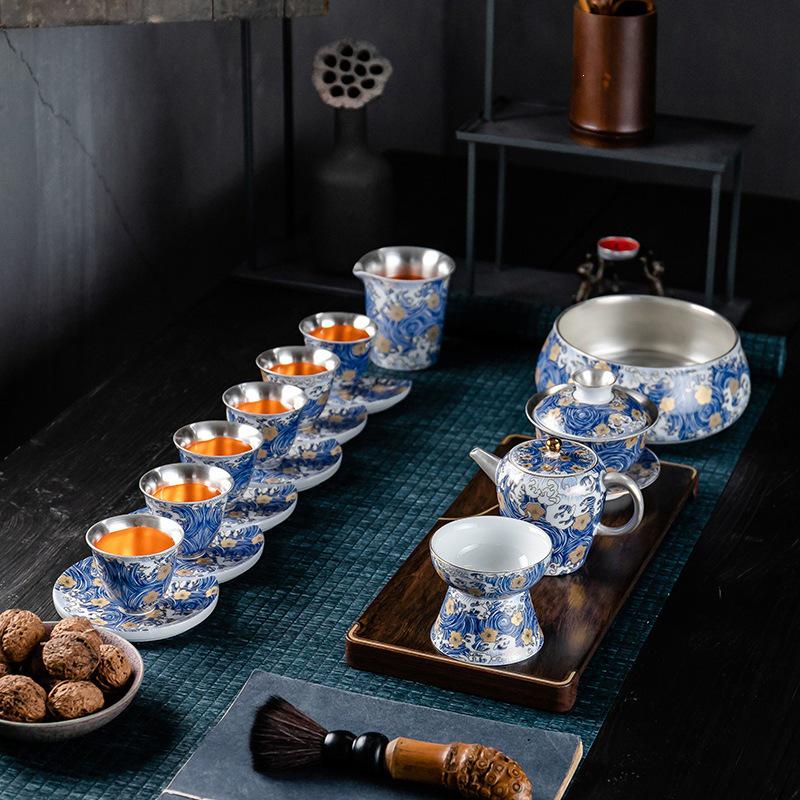 Silver-Plated Ceramic Kung Fu Tea Set: Complete Home Gift Box with Tea Cups and Pot