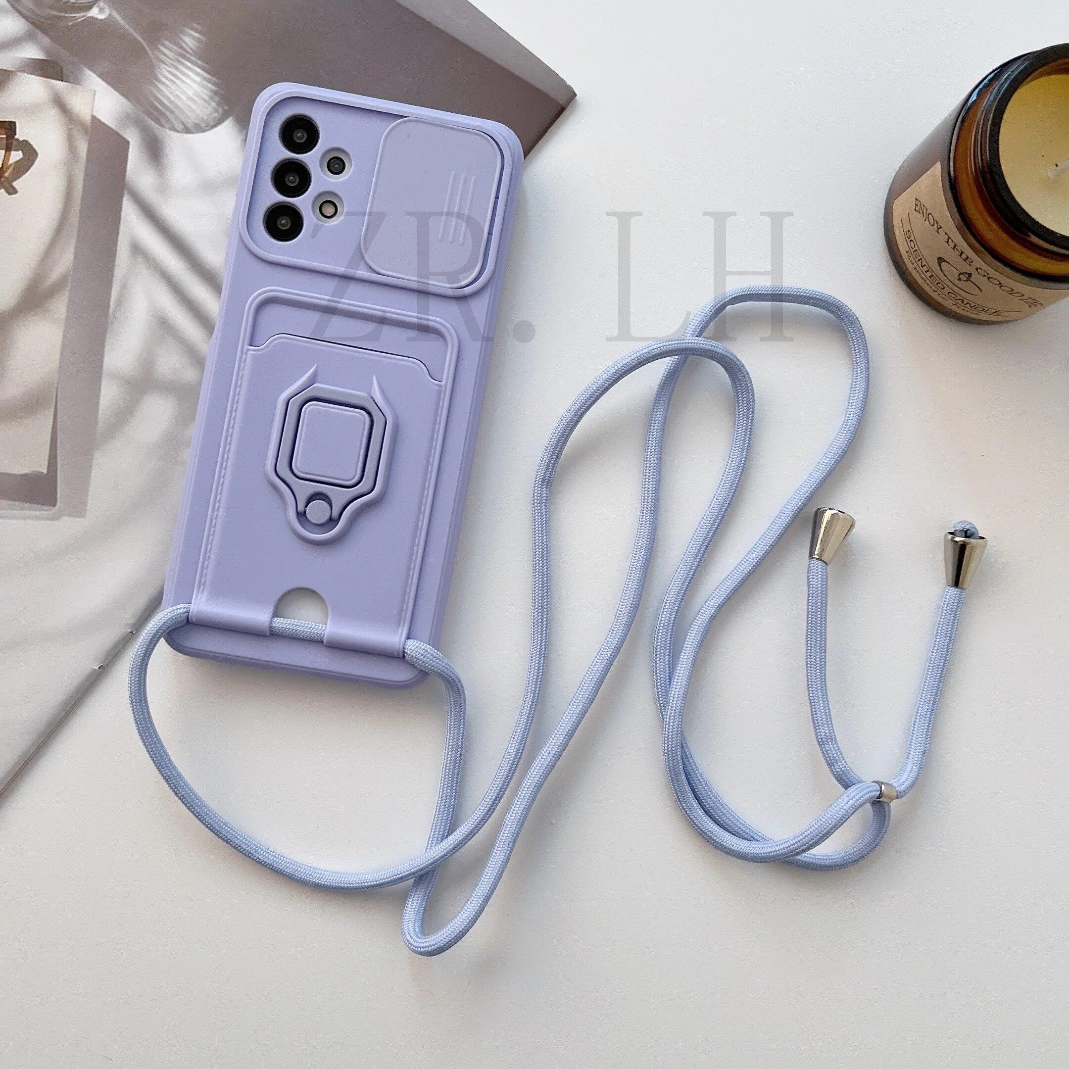 

Чехол-кошелек через плечо, шнур, шнурок, кошелек для карточек для Samsung S23 S22 Ultra A14 A24 A34 A54 A13 A23 A33 A53 A12 A32 A52 A31 A51 A71/Redmi Note 12 11 Samsung S21FE фиолетовый