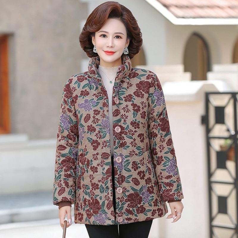 Autumn and Winter Cotton and Linen Printing Fleece Warm Cotton-padded Jacket Stand-up Collar Cotton-padded Jacket Year-old Floral