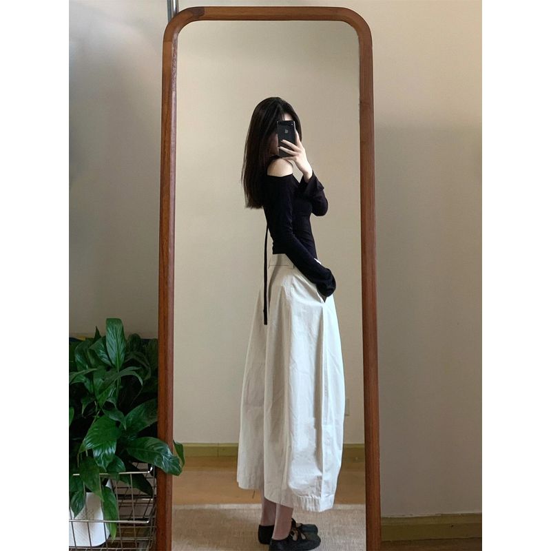 Kumikumi Fashion Set Ribbon Slim fit Long sleeves Shirt Women Autumn High Waist Skirt Flower Bud Skirt Two-piece Set