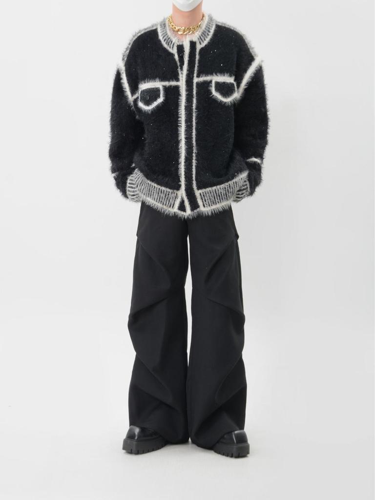 Unisex Color Block Knit Cardigan Jacket - Heavyweight Plush, Autumn/Winter Trendy Loose Fit