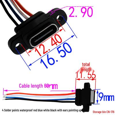 Waterproof USB Type-C Female Connector, 4 Solder Points, 3A 5V Charging & Data for DIY Small Home Electric Toothbrushes