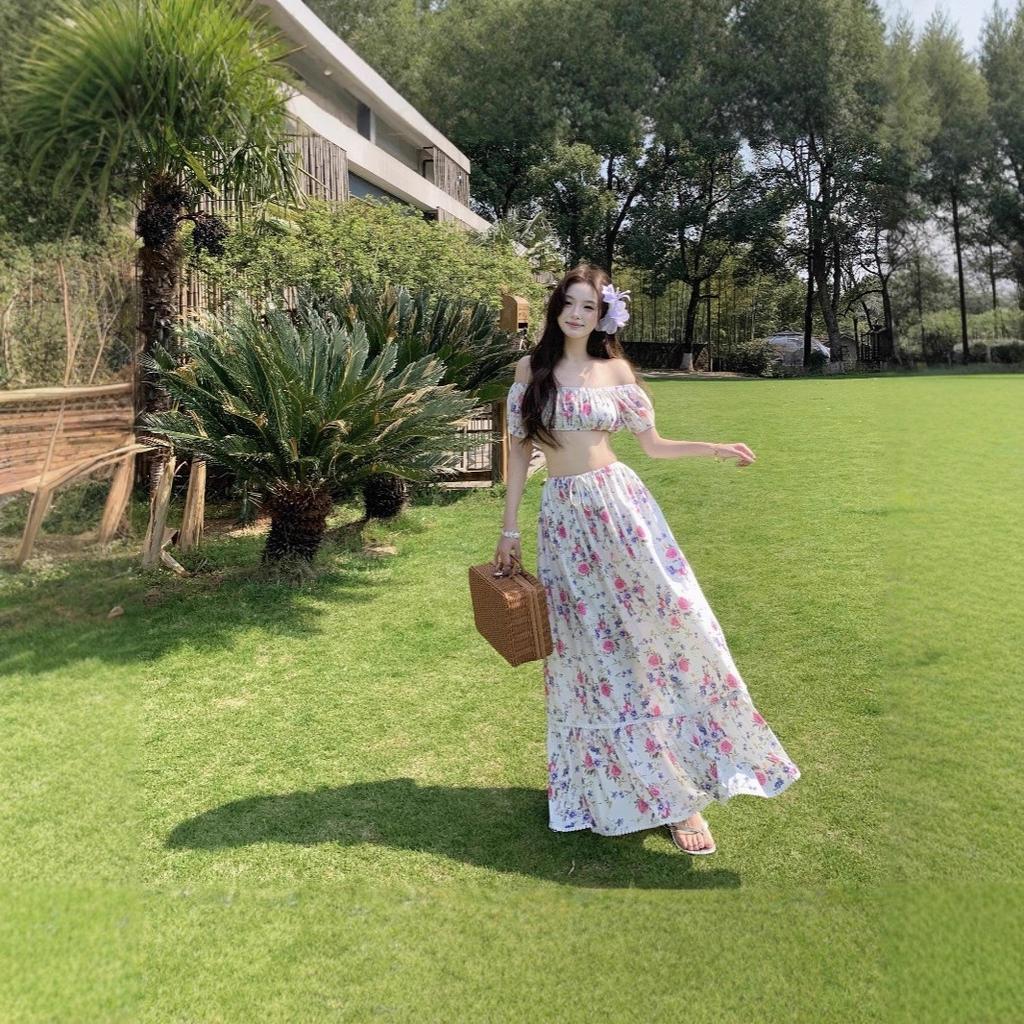 French one-word collar floral tube top spring and summer seaside vacation style skirt suit women