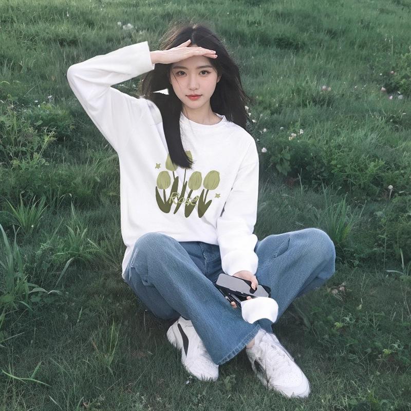 Women's Floral Print Loose Long-Sleeve Cotton T-Shirt - Slim Fit, Round Neck, White, Casual Spring & Autumn Wear