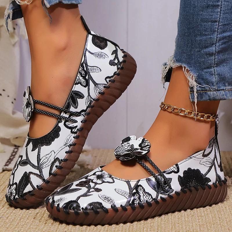 Fashion Floral Embroider Flats for Women Plus Size Print Pu Leather Platform Loafers Woman 2025 Summer Soft Sole Non Slip Casual Shoes