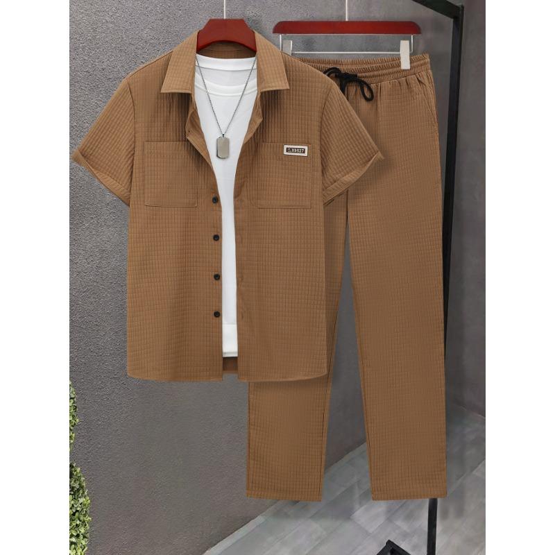 Men's Spring Summer Waffle Texture Two Piece Set Casual Short Sleeve Shirt and Pants Outfit