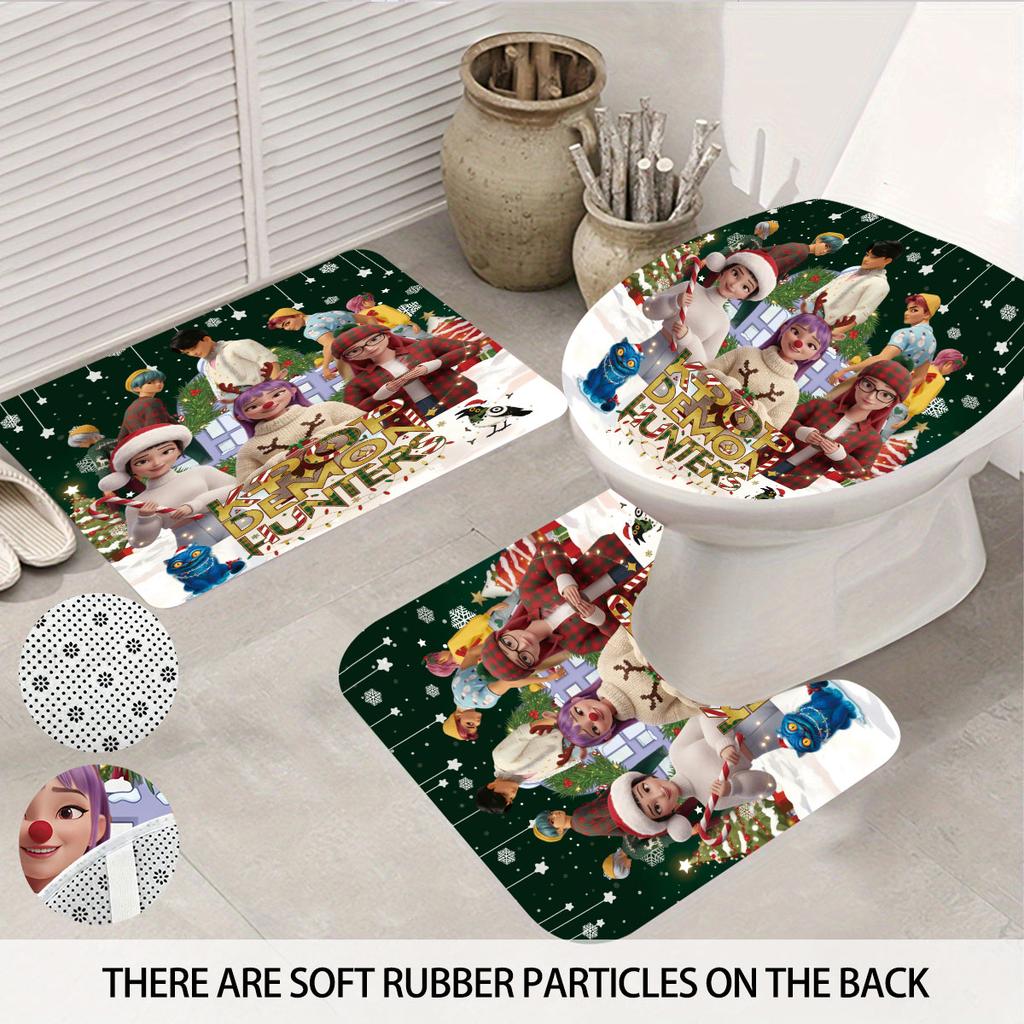 4Pcs Christmas K-Pop Demon Hunters Print Bathroom Set 180X180 Waterproof Shower Curtain Floor Mat, U-Shaped Mat, Toilet Seat Mat
