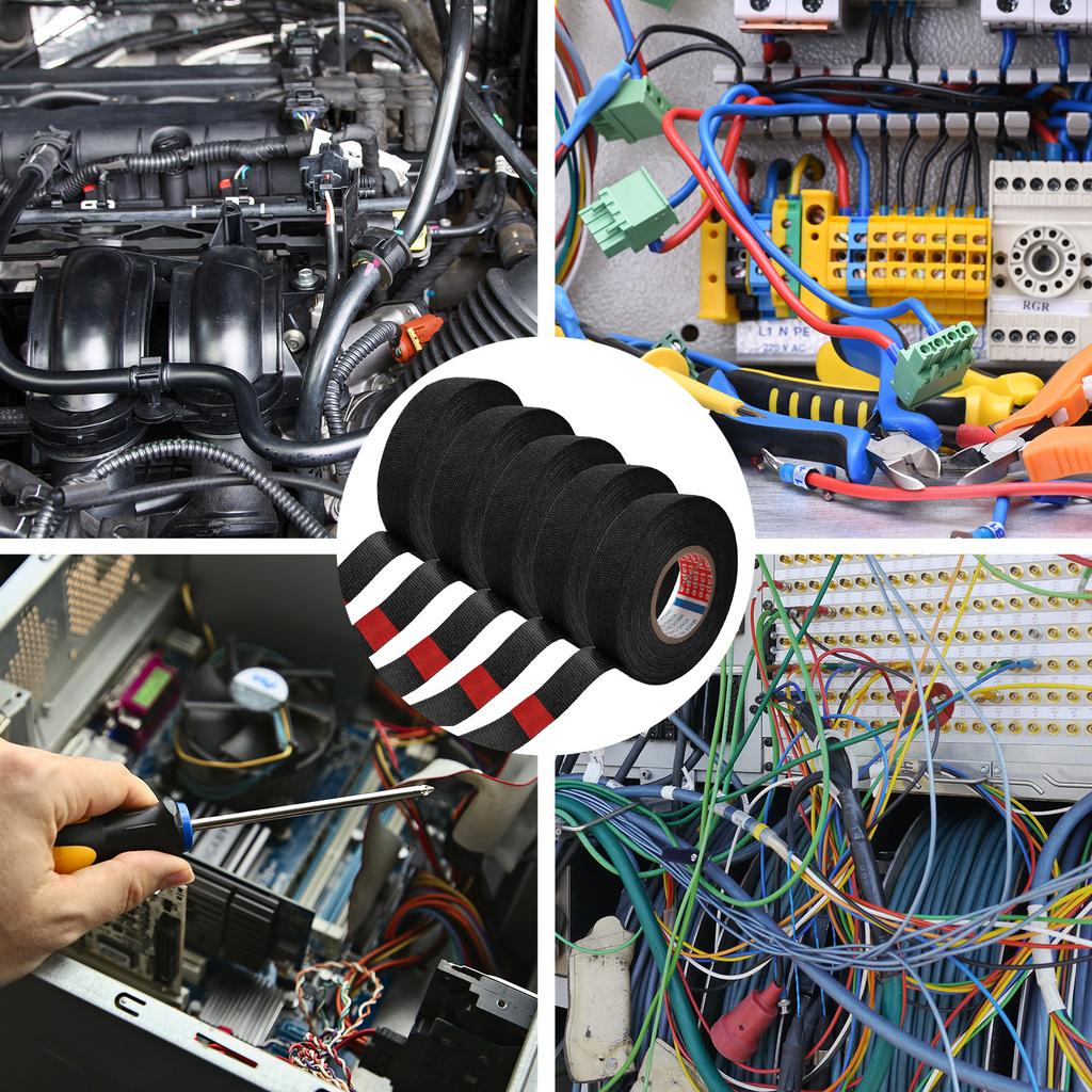 5 Rolls Wire Loom Harness Tape Flame Retardant Adhesive Fabric Tape Heat Proof Insulation Electrical Tape for Automotive Engines