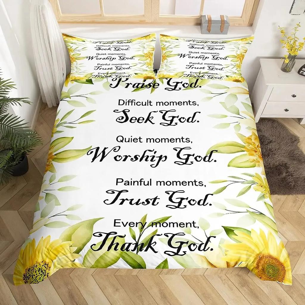 Christian Healing Duvet Cover Set with Inspirational Thoughts and Prayers Women Bedding Sets Colorful Sky Bedspreads Cover Queen