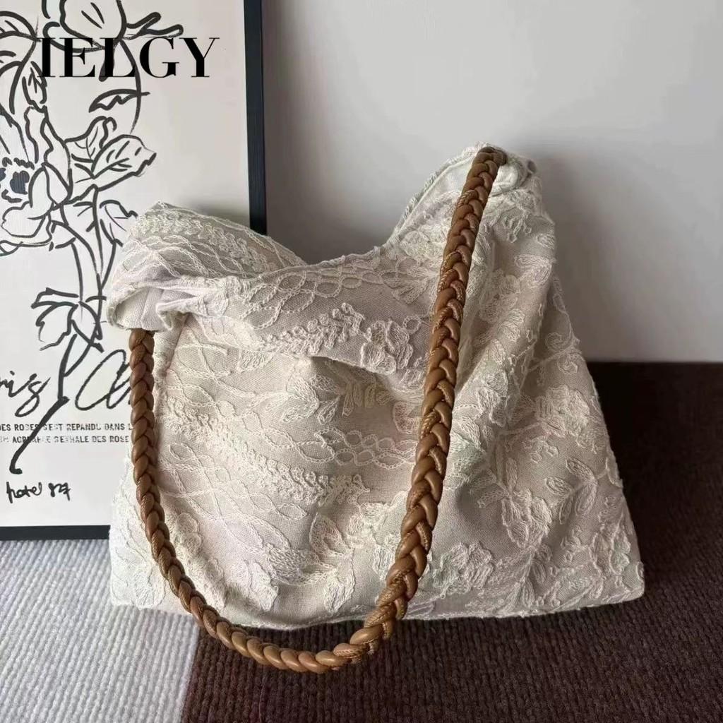 IELGY Flax embroidered flowers shoulder tote bag Joker simple literature and art in spring and summer.