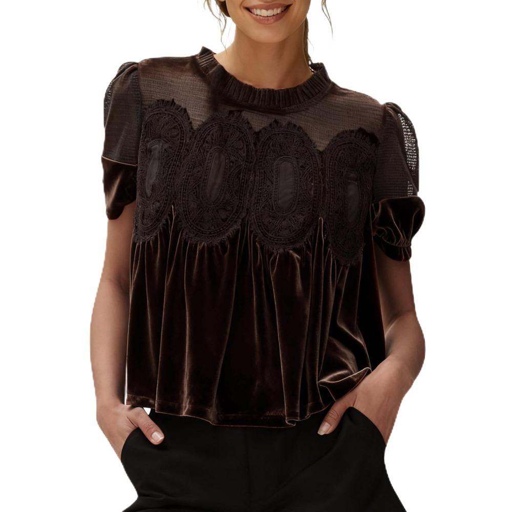 Fashion Net Mesh Embroidered Lace Round-neck Pullover Pure Velvet Loose Top