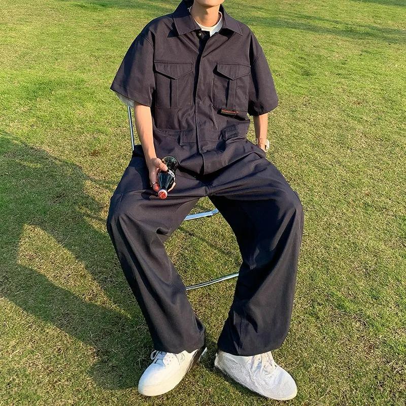 Street Overalls One-piece Men's Trendy Brand Hip-hop Short-sleeved Jumpsuit Suit Wide-leg Pants Straight-leg All-in-one Pants