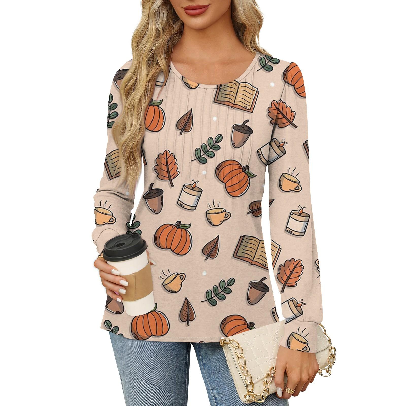 

Рубашки с длинным рукавом для женщин, милые принты, графические футболки, блузки, нарядные повседневные блузки, плиссированные туники с круглым вырезом, топы на Хэллоуин L белый