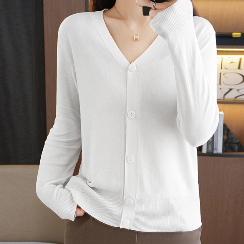 IHUASU Summer Thin Long-sleeved Ice Silk Knitted Women Cardigan Jacket Sun Shirt Air Conditioning Shirt with Skirt V-neck Outwear Tops