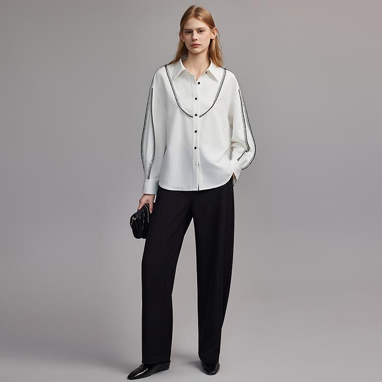 ELLE Minimalist Long Sleeve Shirt With Sharp Collar And Drop Shoulder Design Women tops White EC47006
