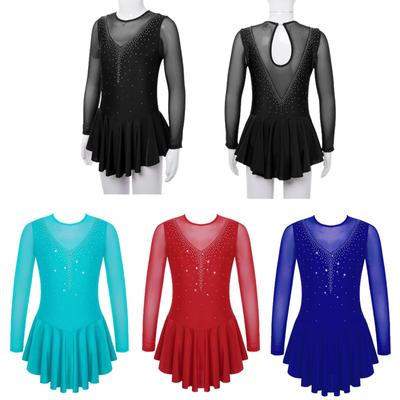 Kids Girls Stylish Skating Dress Long Sleeve Sparkly Rhinestone Dress for Dance Gymnastics