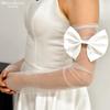 White Sheer Tulle Long Arm Sleeves With Satin Big Bow, Bridal Mesh Gloves for Wedding Dress Evening Party Photo Shoot Accessories