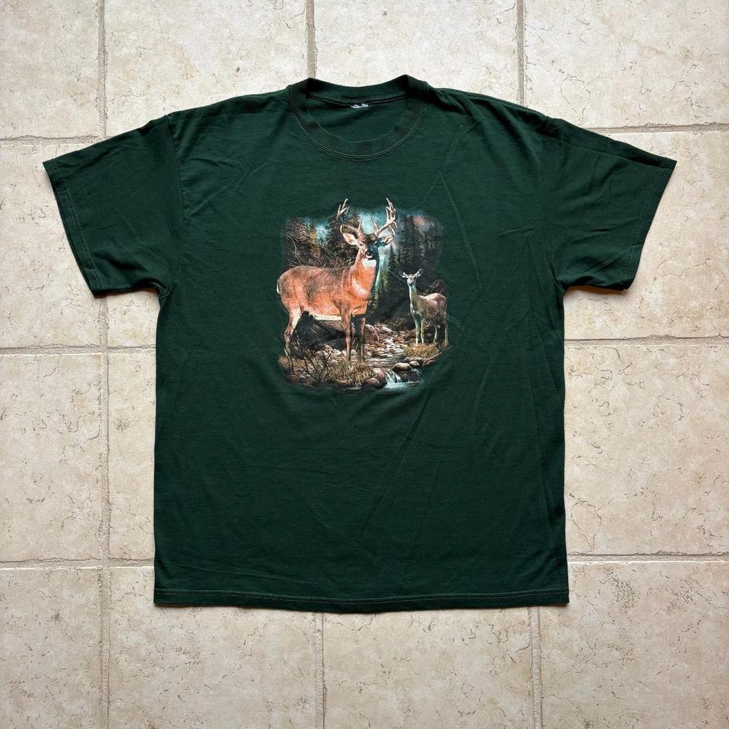 Y2K / Vintage Deer Nature Graphic T Shirt Forest Buck Wildlife Tee Green Fits XL