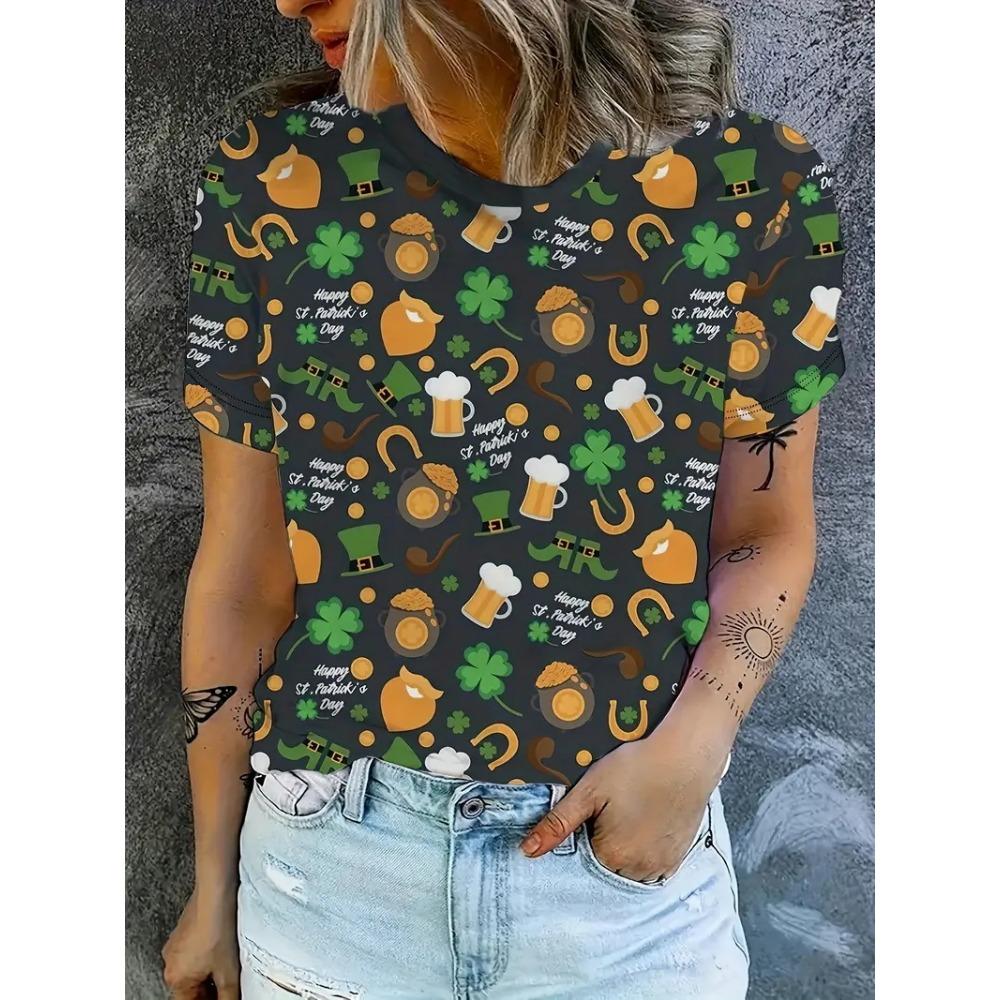 Women T-Shirt Full Print Graphic Crew Neck Short Sleeve Tshirts New In Casual Party T Shirt For Women