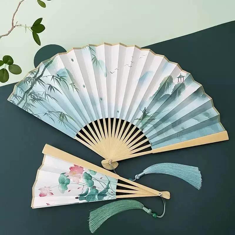 8inch Folding Fans with Chinese Style, Traditional Design, Double-Sided Silk Fabric, 18-Panel Color Printing, Suitable for Men and Women, Hanfu