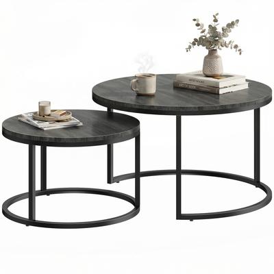 Set of Two Wood-Effect Stacking Tables - Black Wood Grain