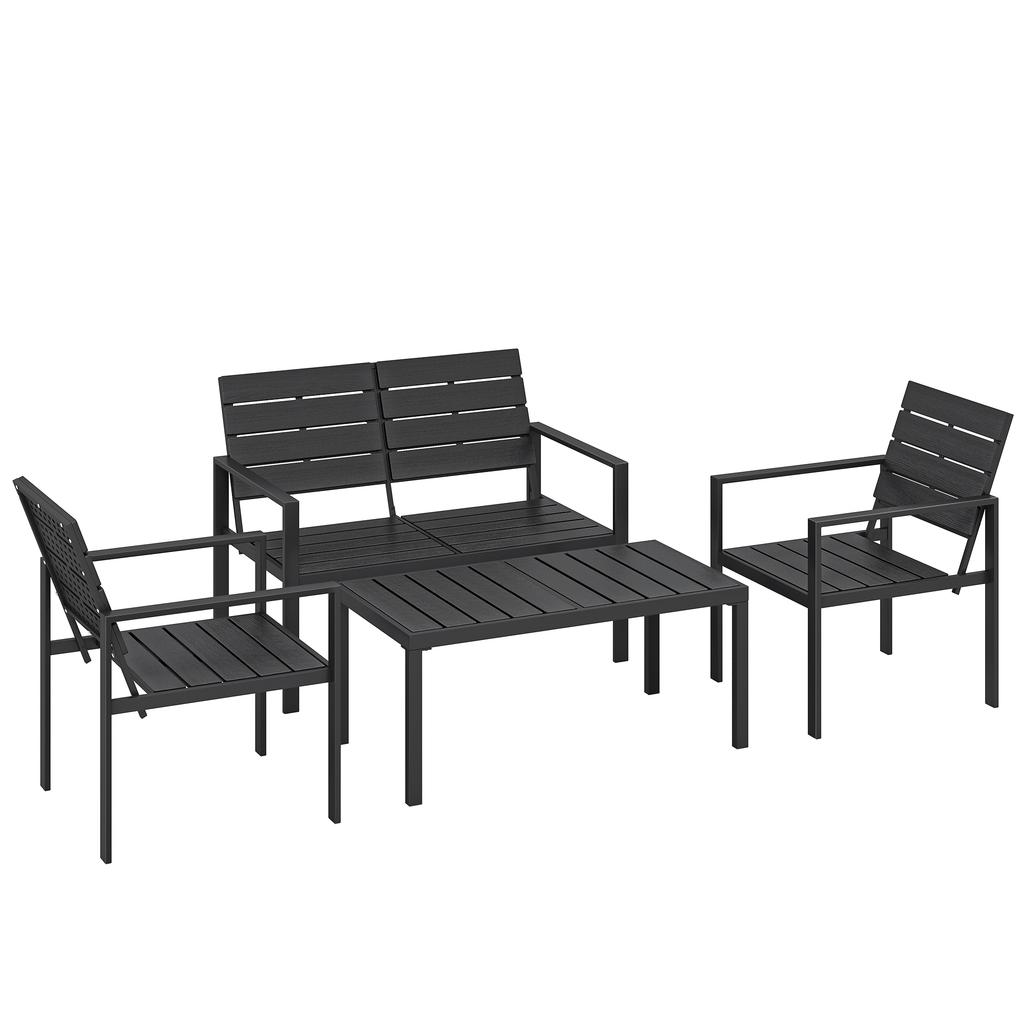 4 Piece Garden Furniture Set, Outdoor Sofa Set with HDPE Slatted Loveseat Armchairs Coffee Table Metal Frame, Black