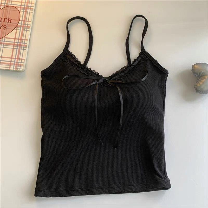 Sleek Lace Trim Camisole Tank with Chest Pads: Backless, Bow-Accented for Women