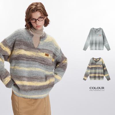 Spring and Autumn Women's New Gradient Color-matching Striped V-neck Loose Knitted Sweater