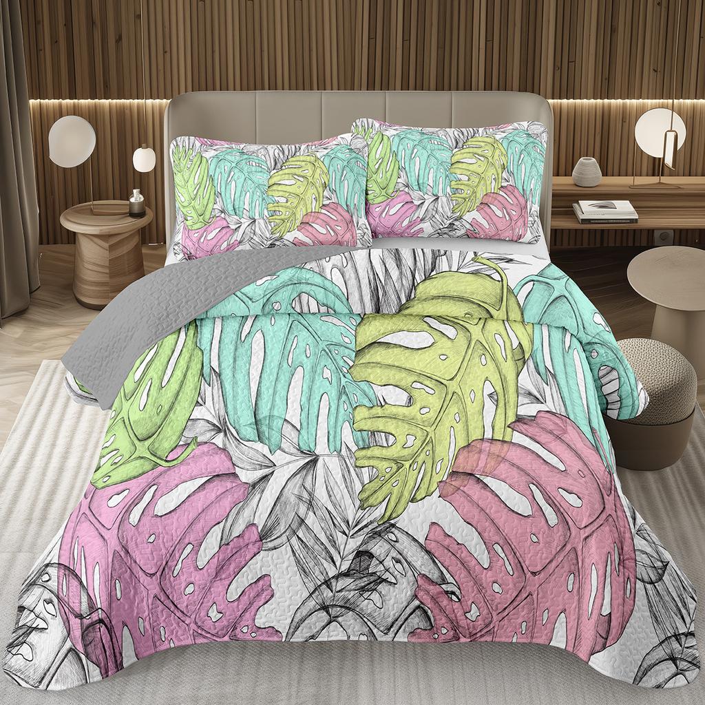 Grüne Blätter Tagesdecke Einzel- Doppelgröße Bauernhaus Botanische Pflanze Tagesdecken-Sets Frühling Natur Blatt Quilt-Set für Kinder Teenager Erwachsene