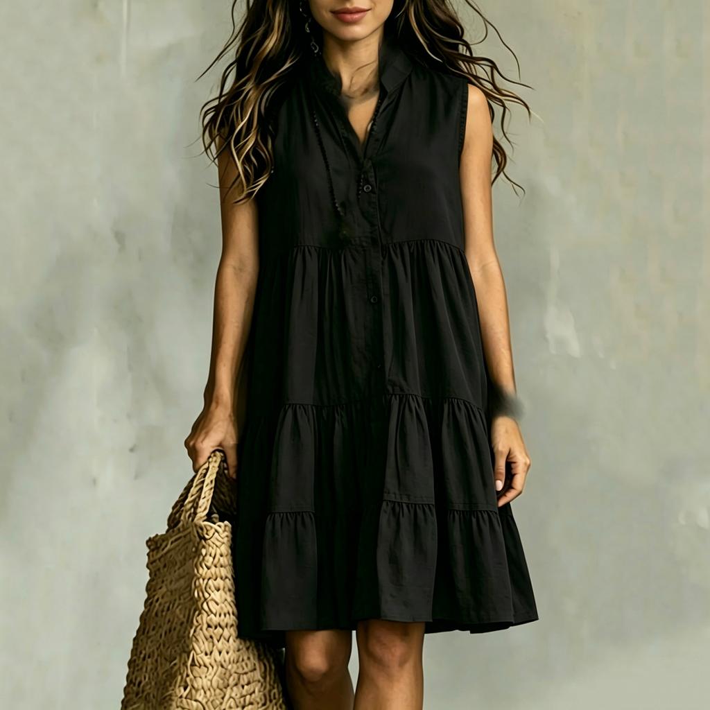 Sleeveless Button Front V Neck Loose Fit Tiered Dress Lightweight Casual Summer Dress for Women