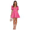 Women Spring Solid Color V-Neck Short Puff Sleeve Dress Summer Casual A-Line High Waist Above Knee Dresses S-XL