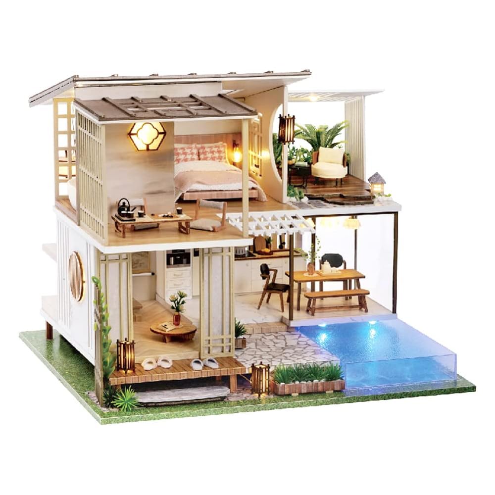 

Moin Moin Miniature Dollhouse Kit Two-Story Elegant Modern Design with LED Light Acrylic Case and Music Box